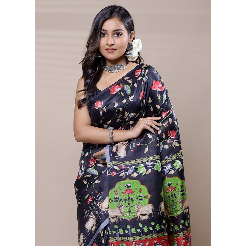 Black Printed Pure Silk Saree Without Blouse Piece - JD986608959