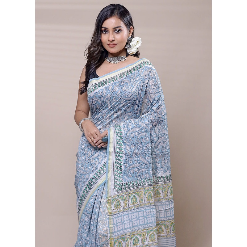 Blue Chanderi Cotton Saree With Blouse Piece - JD986608957