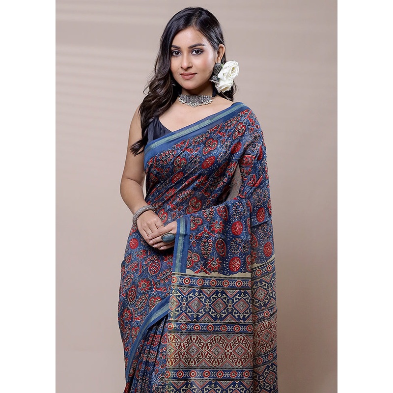 Blue Chanderi Cotton Saree With Blouse Piece - JD986608958