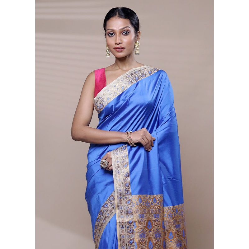 Blue Dupion Silk Saree With Blouse Piece - JD986608945