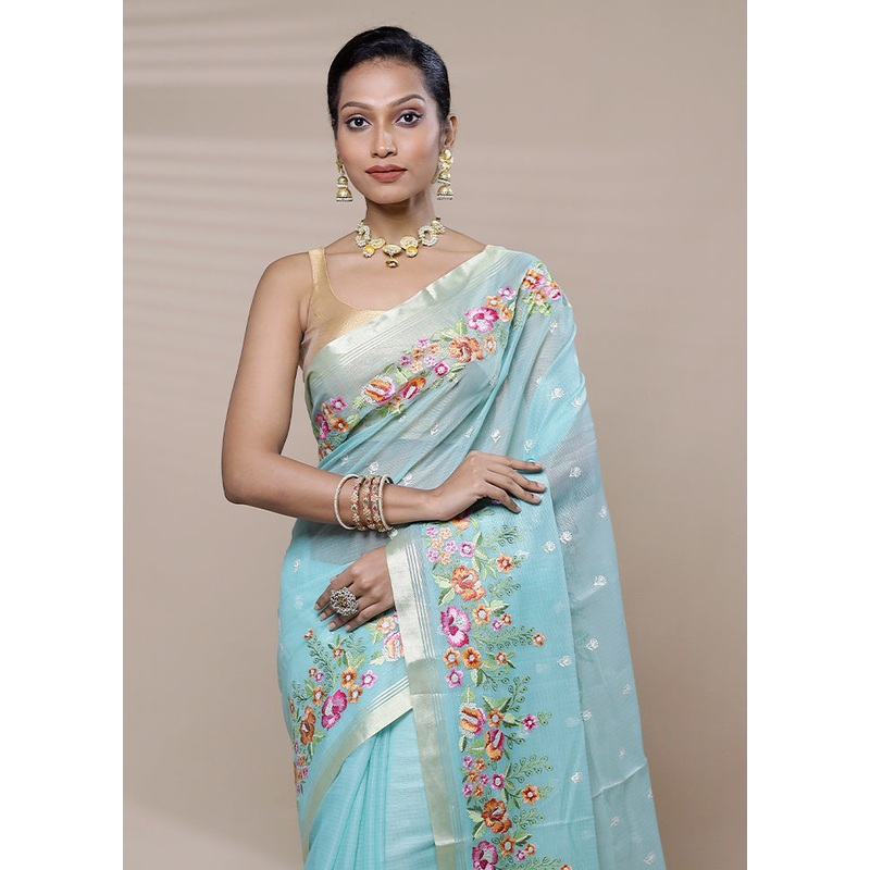Blue Kota Cotton Saree With Blouse Piece - JD986608944