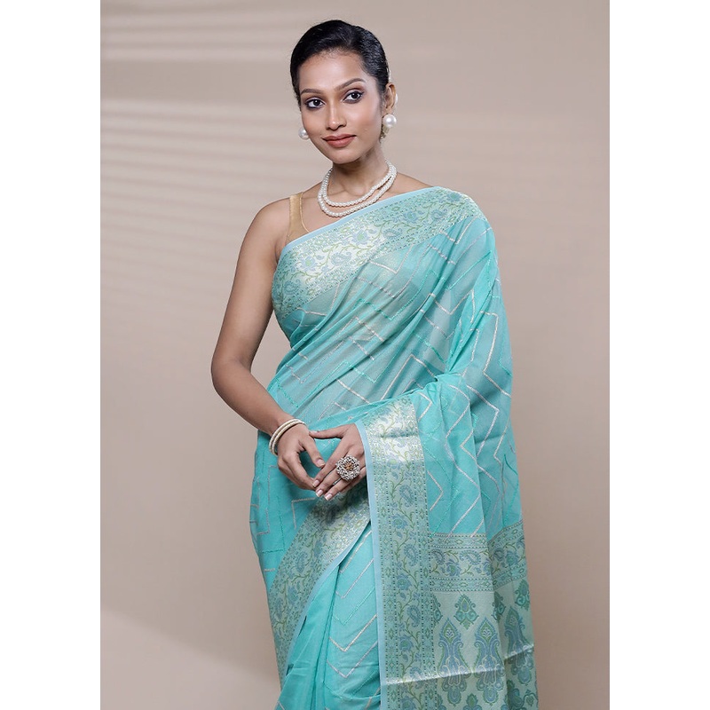 Blue Organza Saree With Blouse Piece - JD986608943