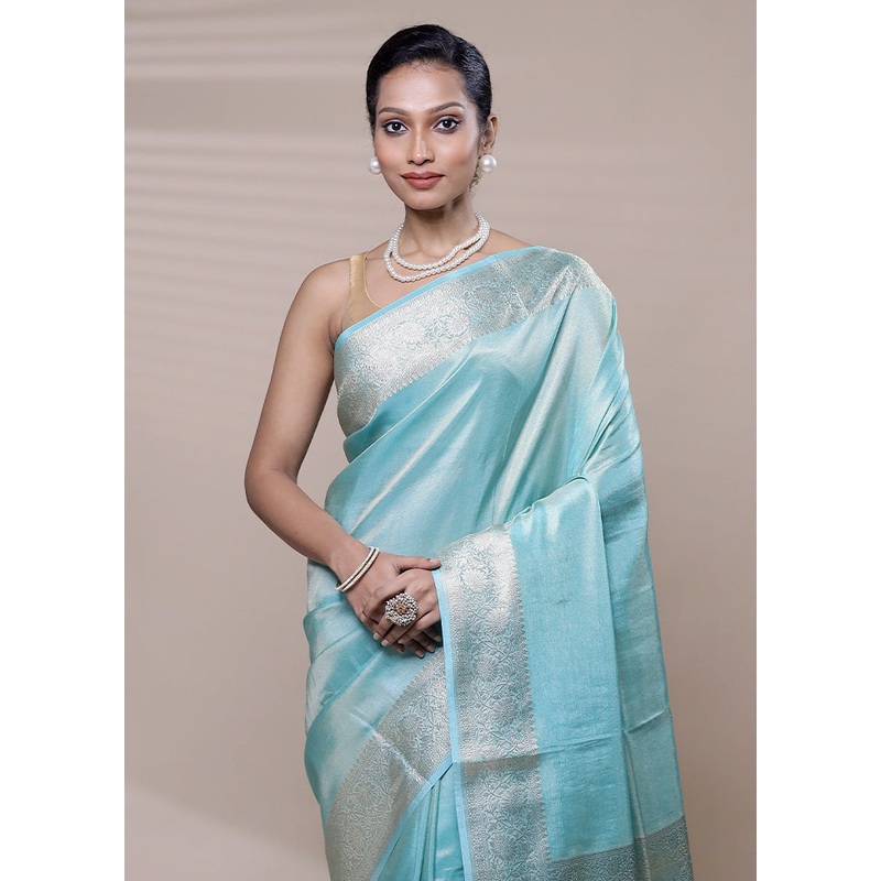 Blue Tissue Silk Saree With Blouse Piece - JD986608942