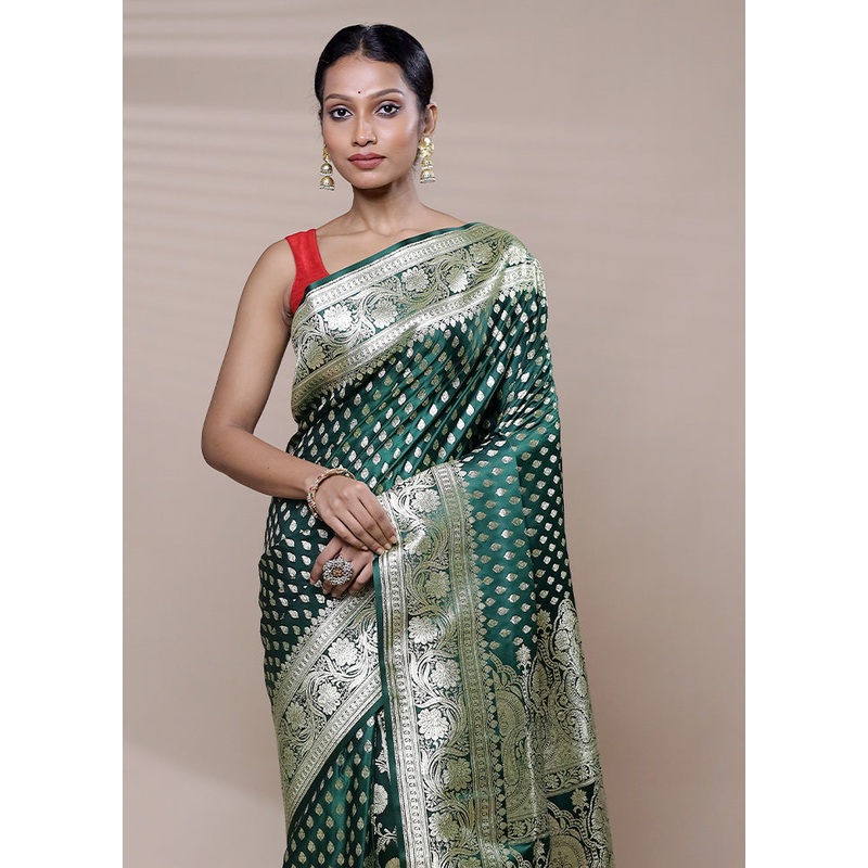 Green Banarasi Silk Saree With Blouse Piece - JD986608941