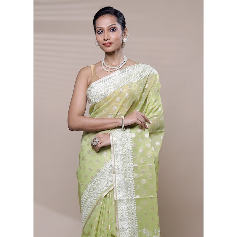 Green Organza Saree With Blouse Piece - JD986608940