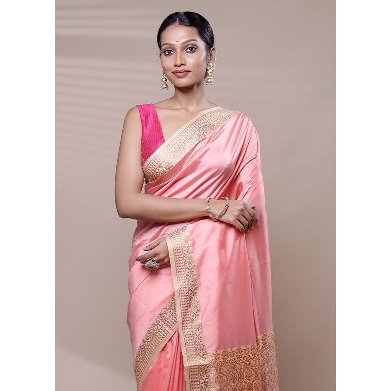 Pink Dupion Silk Saree With Blouse Piece - JD986608939