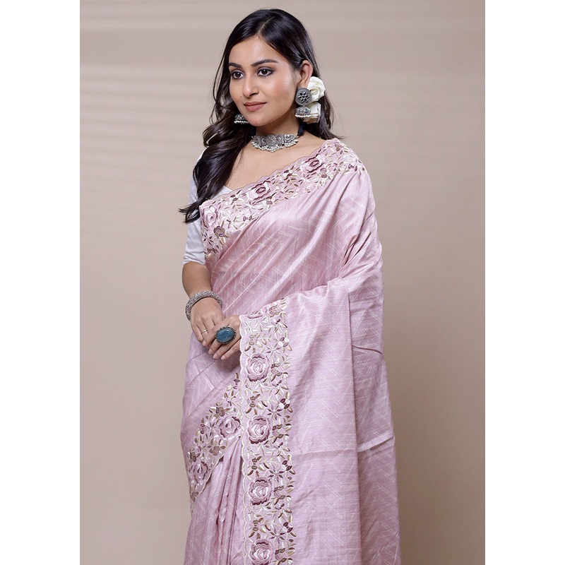 Pink Tussar Silk Saree With Blouse Piece - JD986608955