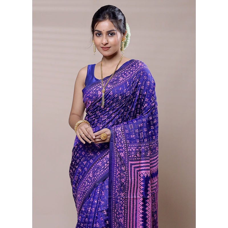 Purple Handloom Kantha Stitch Pure Silk Saree With Blouse Piece - JD986608954