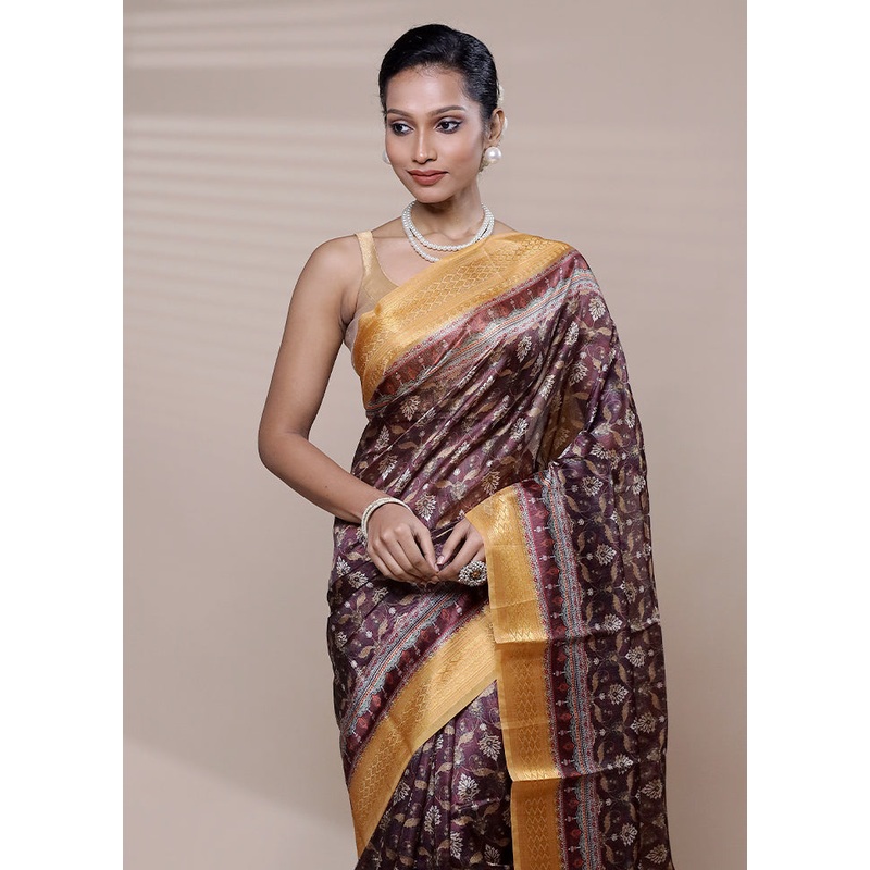 Purple Printed Silk Saree Without Blouse Piece - JD986608934