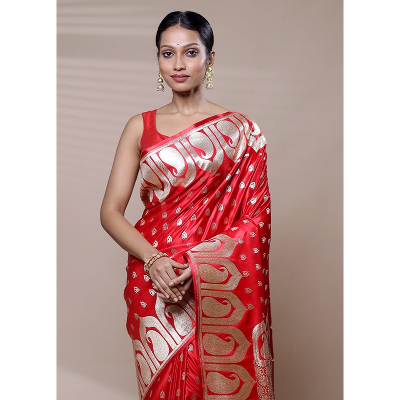 Red Banarasi Silk Saree With Blouse Piece - JD986608933