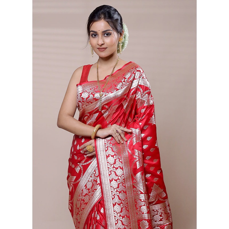 Red Banarasi Silk Saree With Blouse Piece - JD986608952