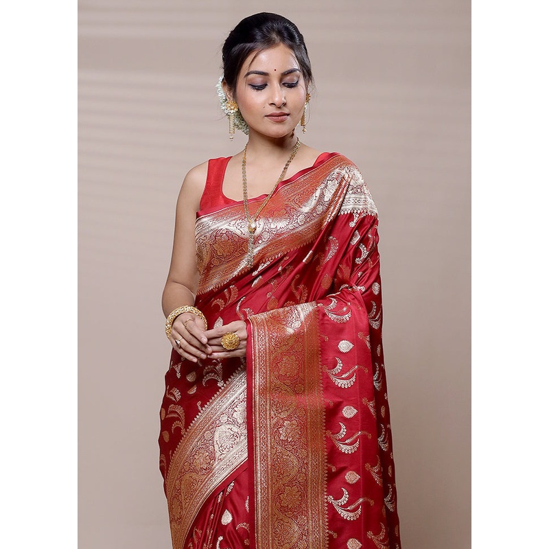 Red Banarasi Silk Saree With Blouse Piece - JD986608953