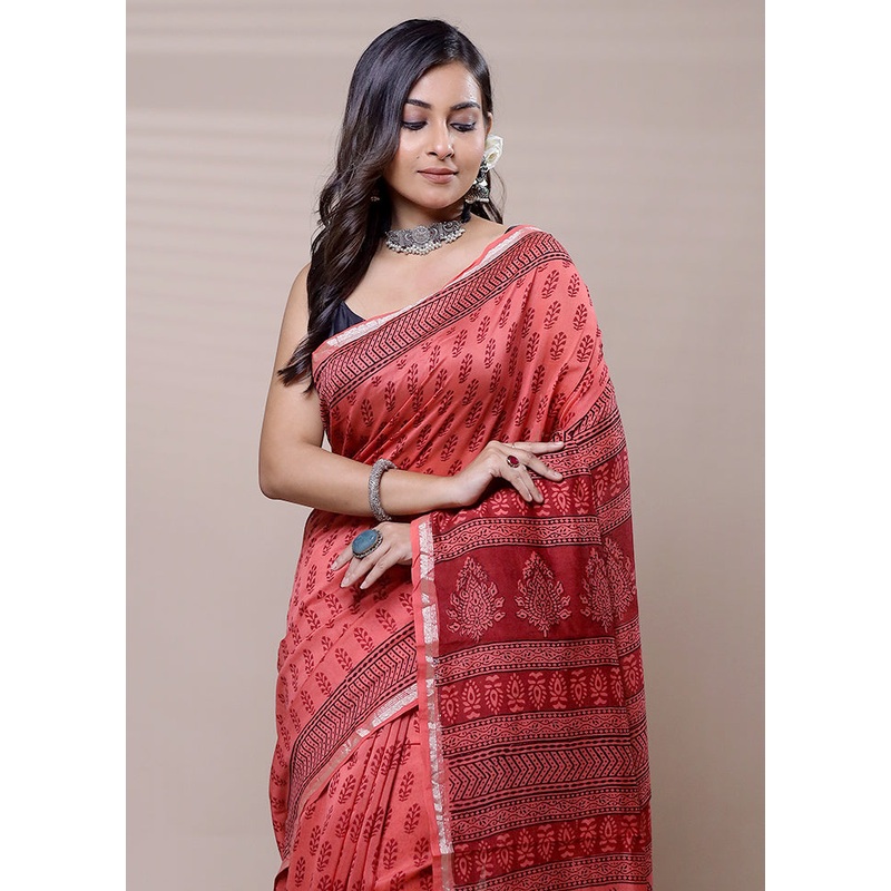 Red Chanderi Cotton Saree With Blouse Piece - JD986608950