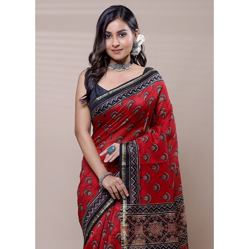 Red Chanderi Cotton Saree With Blouse Piece - JD986608951