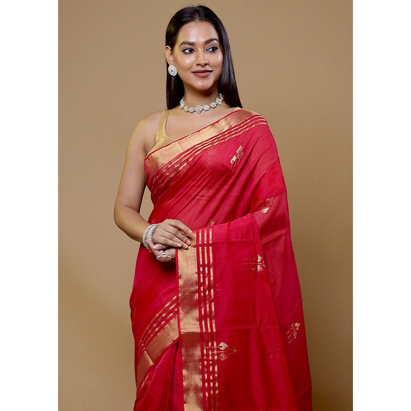 Red Chanderi Cotton Saree With Blouse Piece - JD986608974
