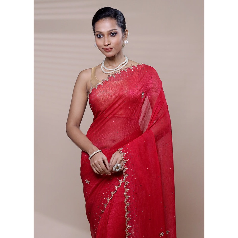 Red Chiffon Silk Saree With Blouse Piece - JD986608932