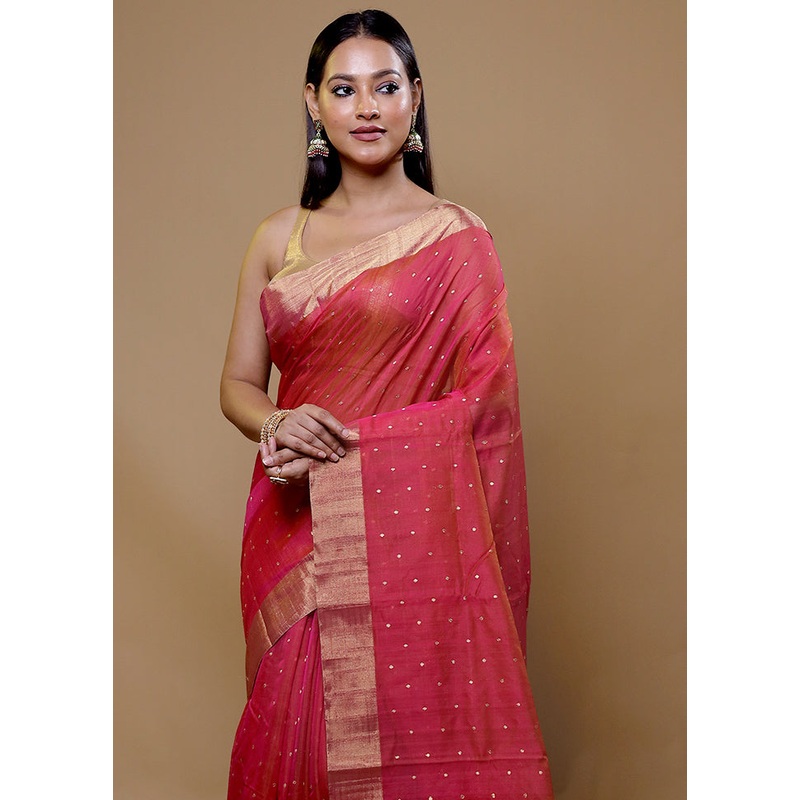 Red Handloom Chanderi Pure Cotton Saree With Blouse Piece - JD986608972