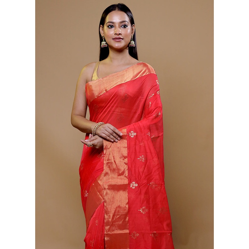 Red Handloom Chanderi Pure Cotton Saree With Blouse Piece - JD986608973
