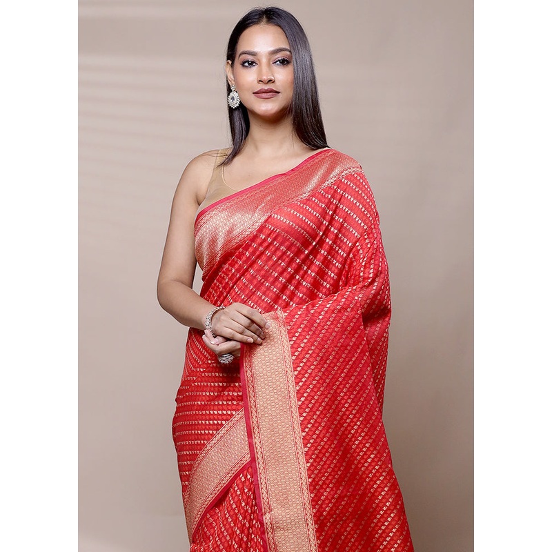 Red Kora Silk Saree With Blouse Piece - JD986608970
