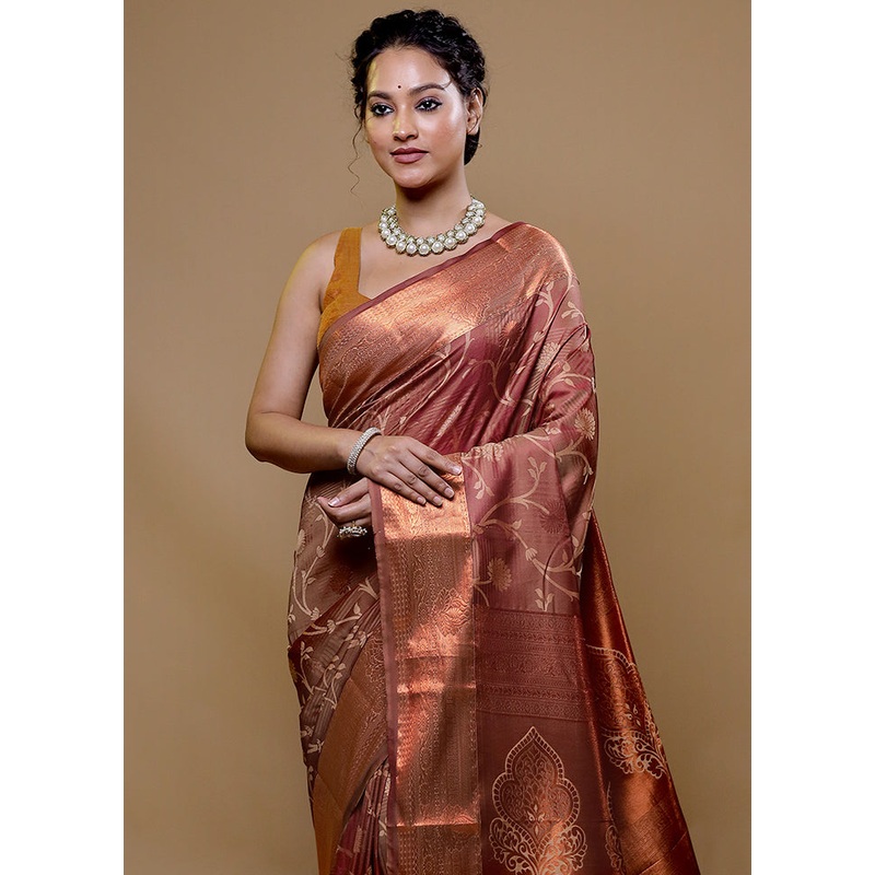 Rust Kanjivaram Silk Saree With Blouse Piece - JD986608968