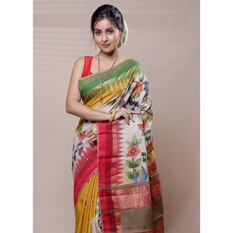 White Handloom Tussar Pure Silk Saree With Blouse Piece - JD986608948