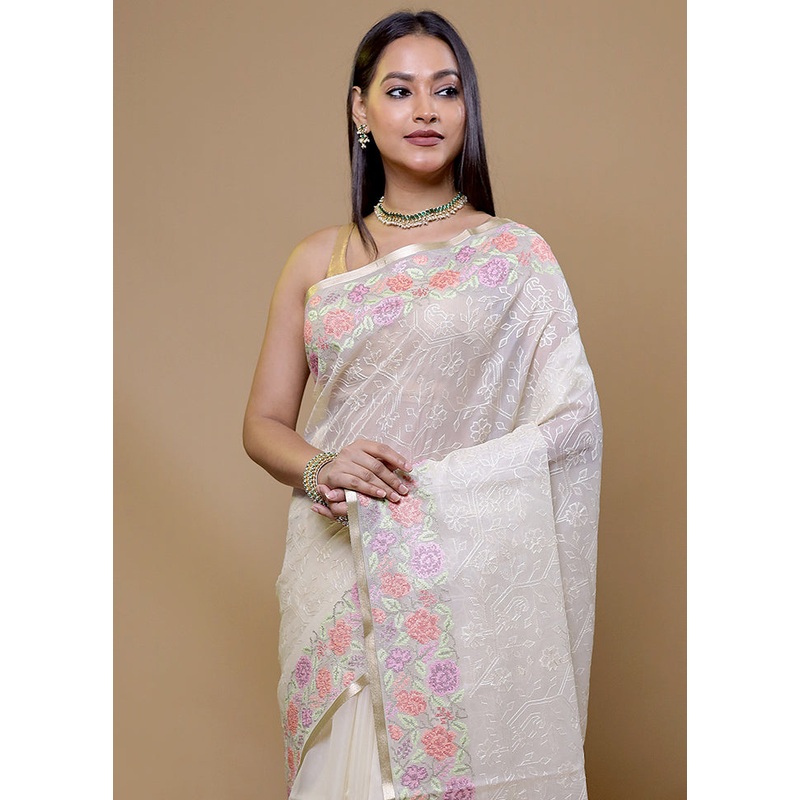 White Organza Saree With Blouse Piece - JD986608966
