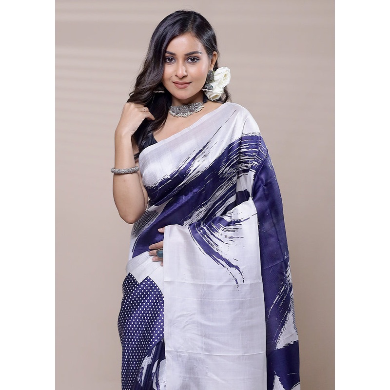 White Printed Pure Silk Saree Without Blouse Piece - JD986608947