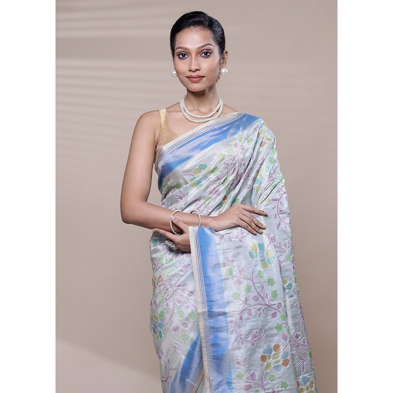 White Tissue Silk Saree With Blouse Piece - JD986608931