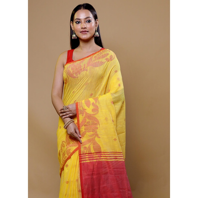 Yellow Cotton Saree With Blouse Piece - JD986608962