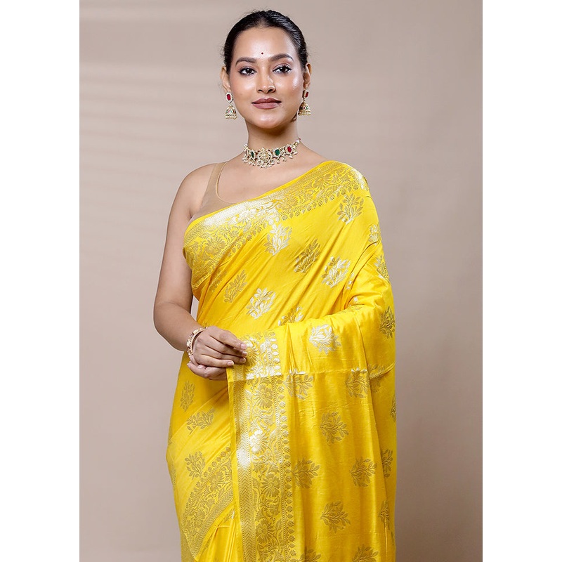 Yellow Cotton Saree With Blouse Piece - JD986608965