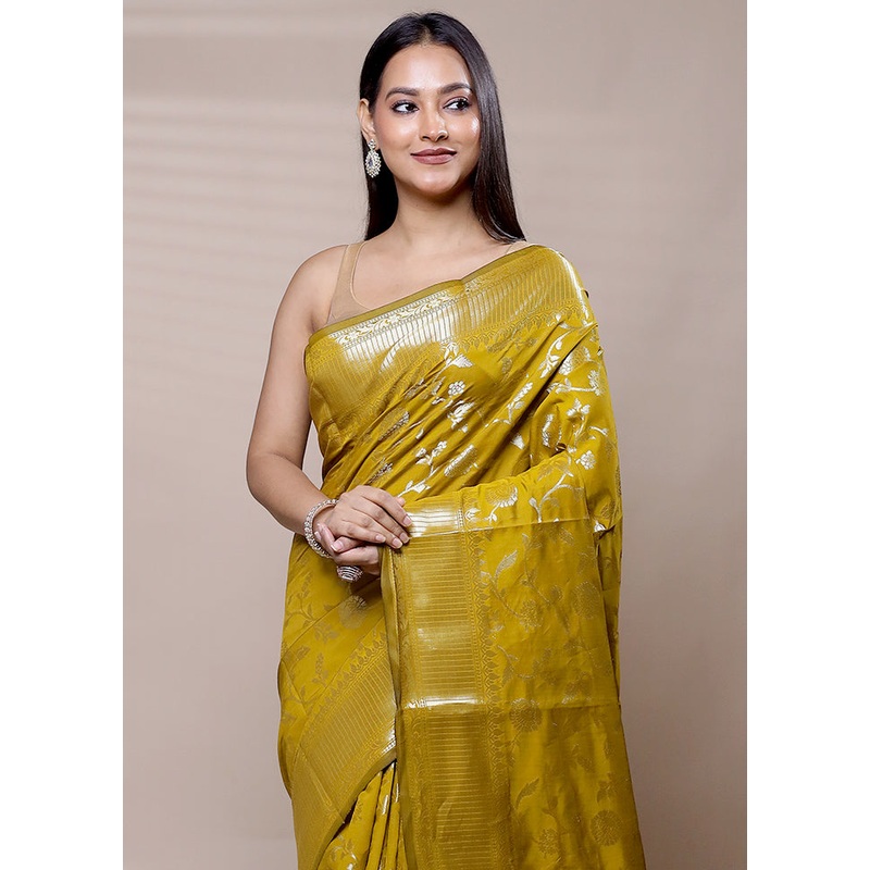 Yellow Dupion Silk Saree With Blouse Piece - JD986608964