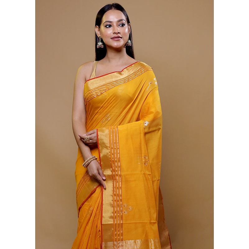 Yellow Handloom Chanderi Pure Cotton Saree With Blouse Piece - JD986608963