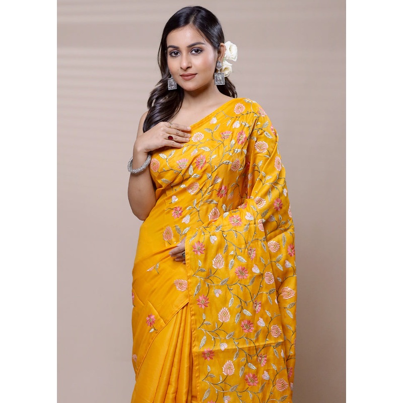 Yellow Tussar Silk Saree With Blouse Piece - JD986608946