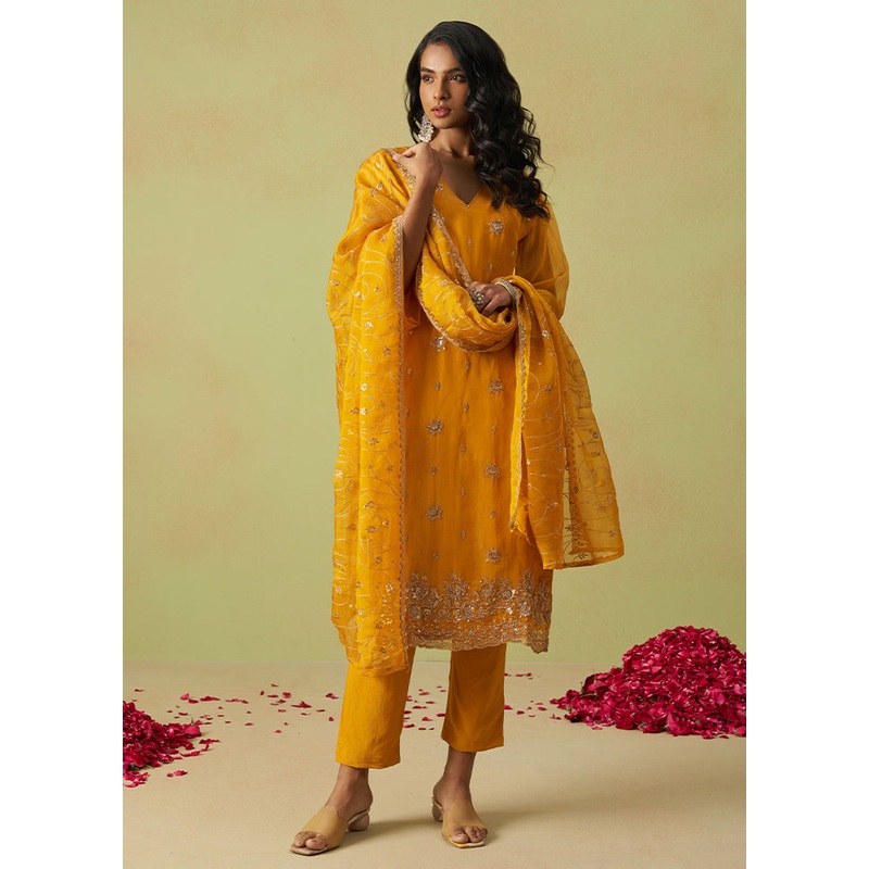 3 Pc Yellow Semi Stitched Silk Suit Set - JD986608688