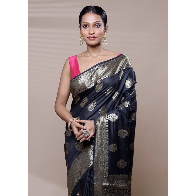 Black Cotton Saree With Blouse Piece - JD986608730