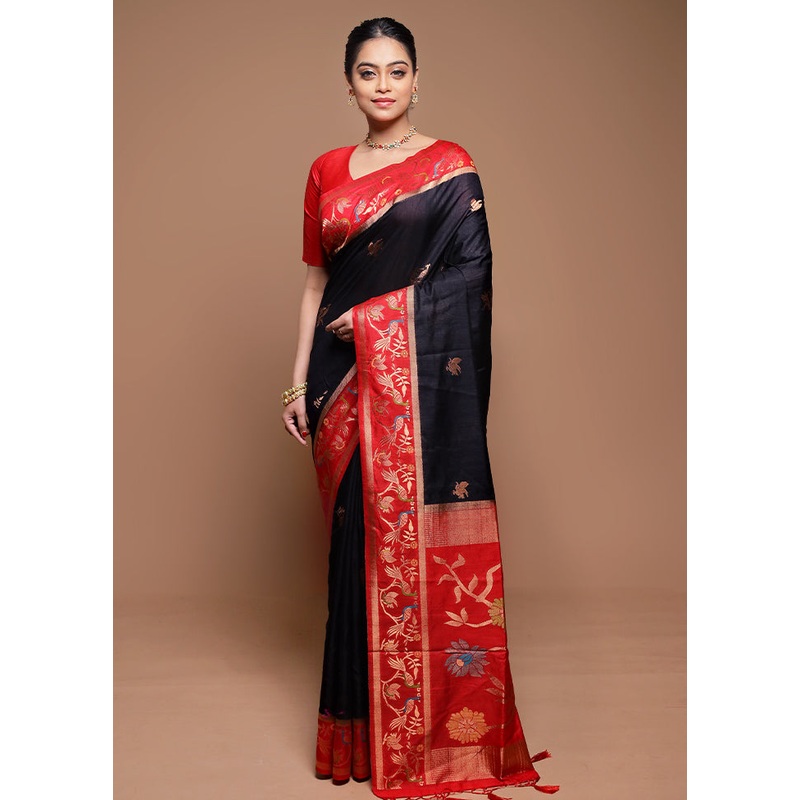 Black Dupion Silk Saree With Blouse Piece - JD986608687