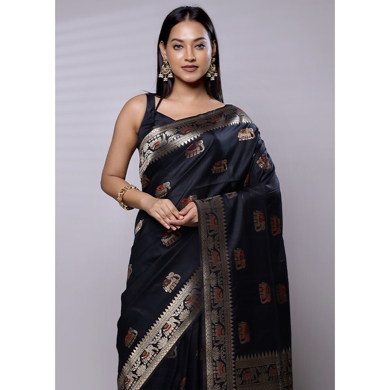 Black Dupion Silk Saree With Blouse Piece - JD986608737