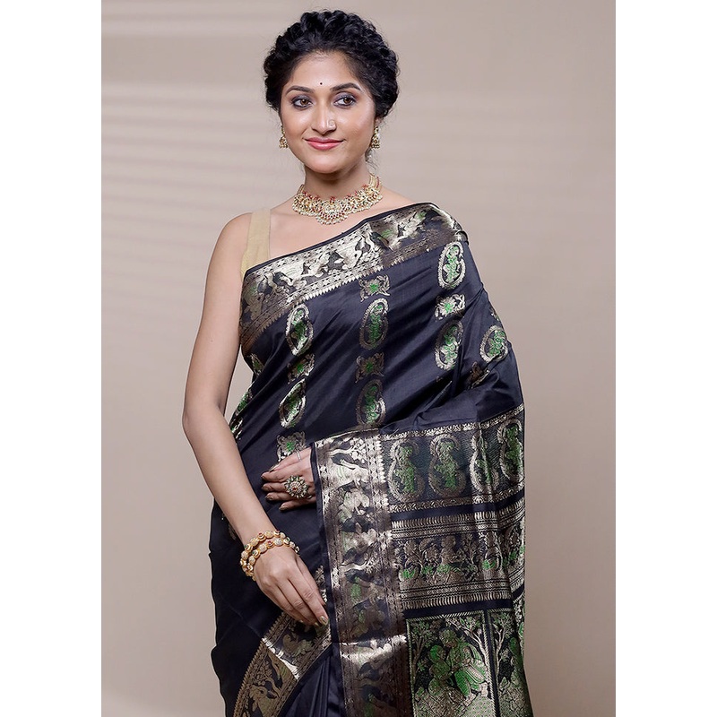 Black Handloom Baluchari Pure Silk Saree With Blouse Piece - JD986608729