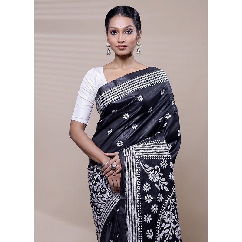 Black Handloom Kantha Stitch Pure Silk Saree With Blouse Piece - JD986608724