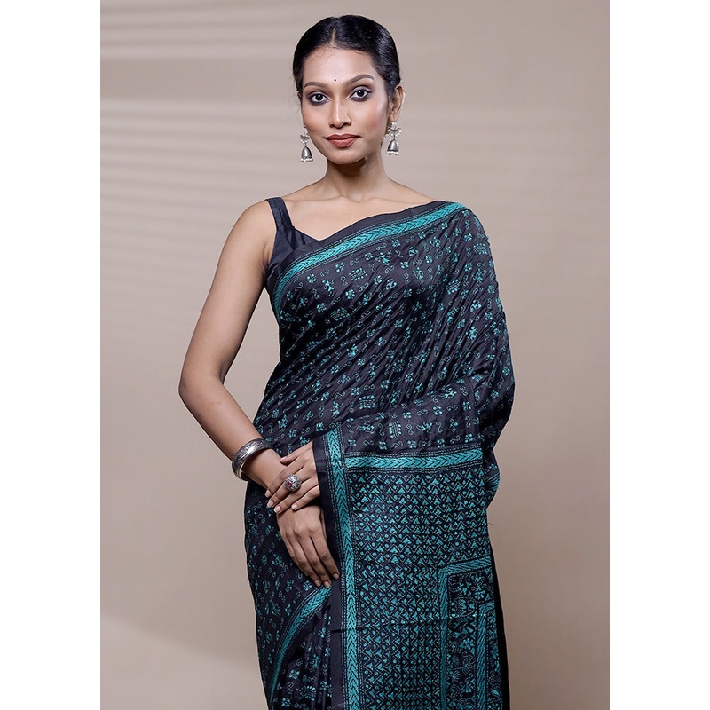 Black Handloom Kantha Stitch Pure Silk Saree With Blouse Piece - JD986608725
