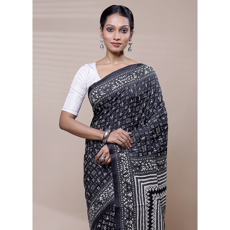 Black Handloom Kantha Stitch Pure Silk Saree With Blouse Piece - JD986608726