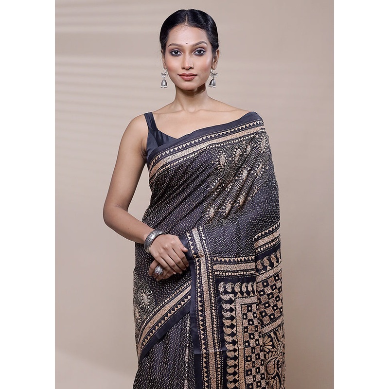 Black Handloom Kantha Stitch Pure Silk Saree With Blouse Piece - JD986608727