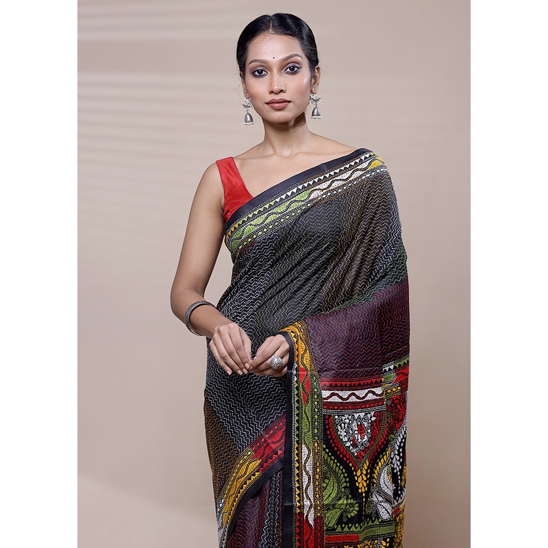 Black Handloom Kantha Stitch Pure Silk Saree With Blouse Piece - JD986608728