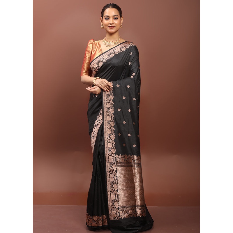 Black Handloom Katan Pure Silk Saree With Blouse Piece - JD986608587