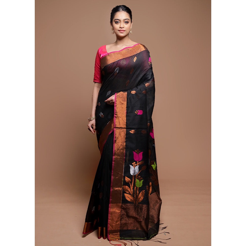 Black Matka Silk Saree With Blouse Piece - JD986608685