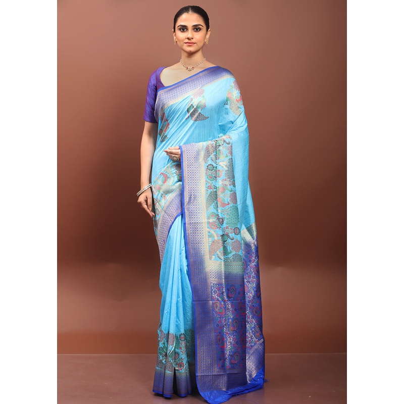 Blue Dupion Silk Saree With Blouse Piece - JD986608581