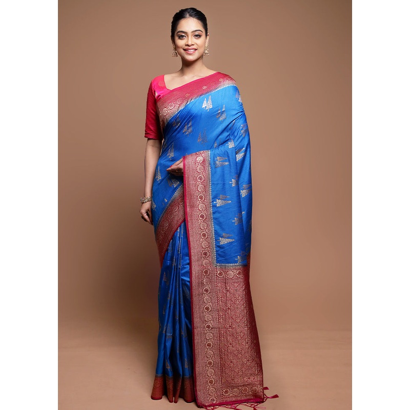 Blue Dupion Silk Saree With Blouse Piece - JD986608681