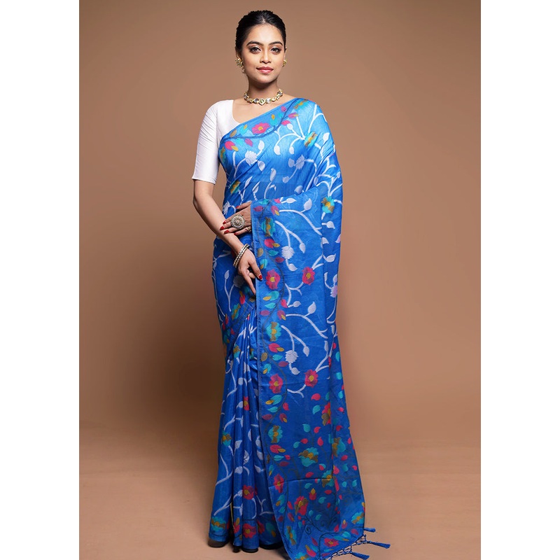 Blue Dupion Silk Saree With Blouse Piece - JD986608682