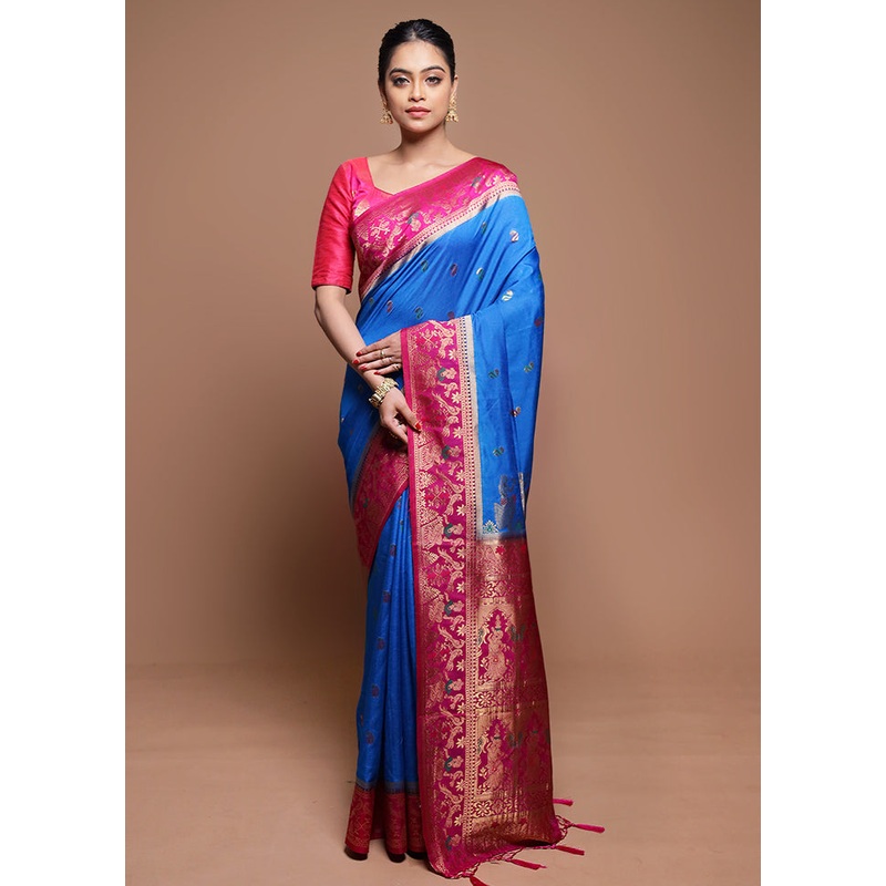 Blue Dupion Silk Saree With Blouse Piece - JD986608683