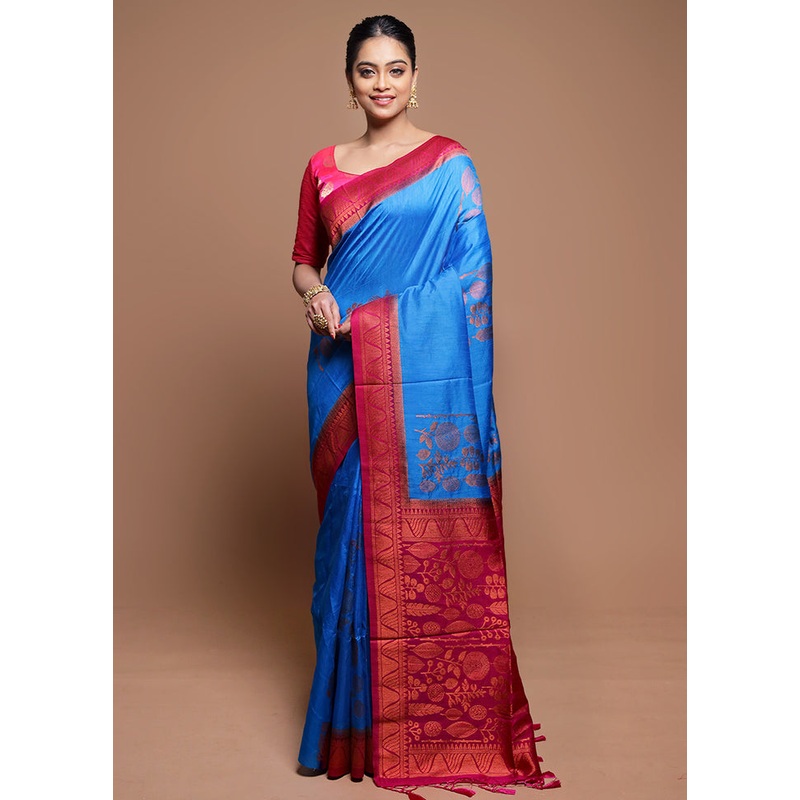 Blue Dupion Silk Saree With Blouse Piece - JD986608684
